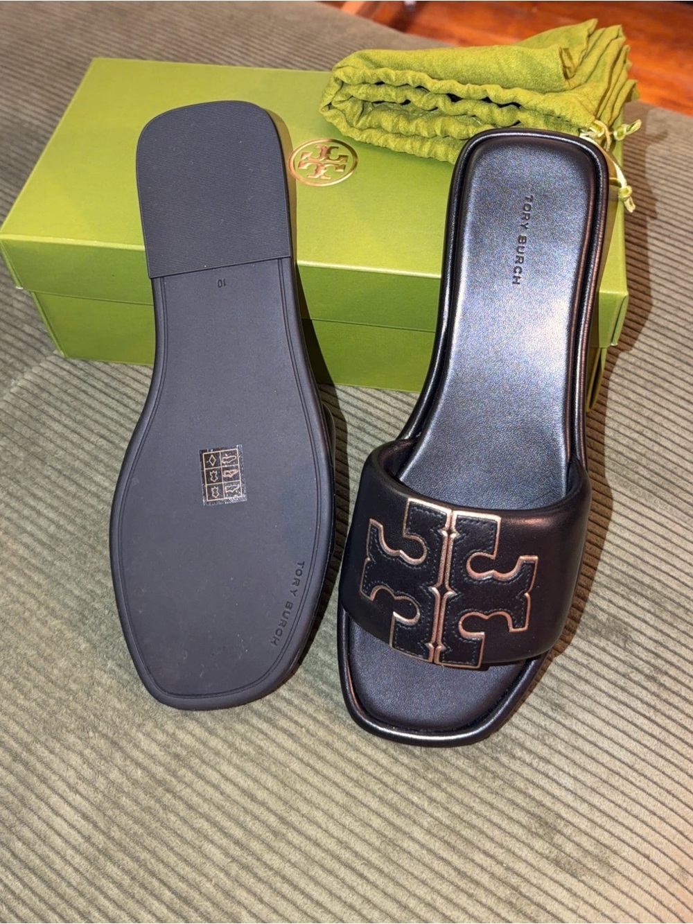 Tory Burch Black Leather Logo Slide Mules with Gold Trim - Picture 2 of 3